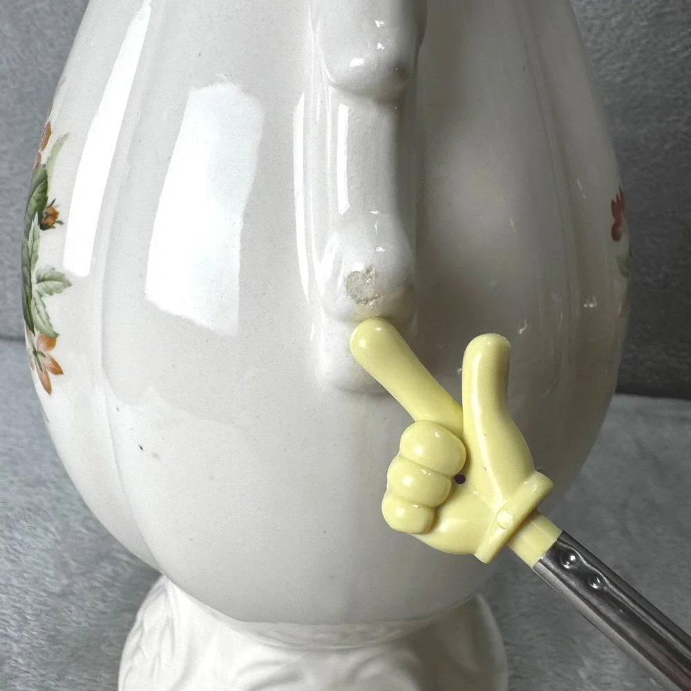 Vintage White Ceramic Rose Floral Pitcher Vase Ornate Handle Scalloped Cottage
